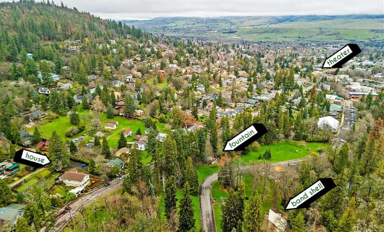 Overhead view of Ashland with arrows pointing to our house and various other landmarks.