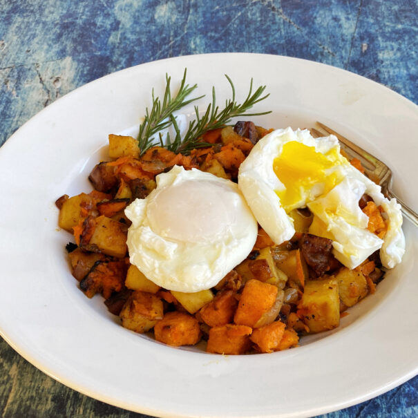 Sweet Potato Breakfast Hash with poached eggs