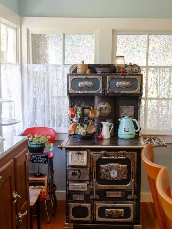 Old 19th century Monarch stove, used as a modern coffee bar.