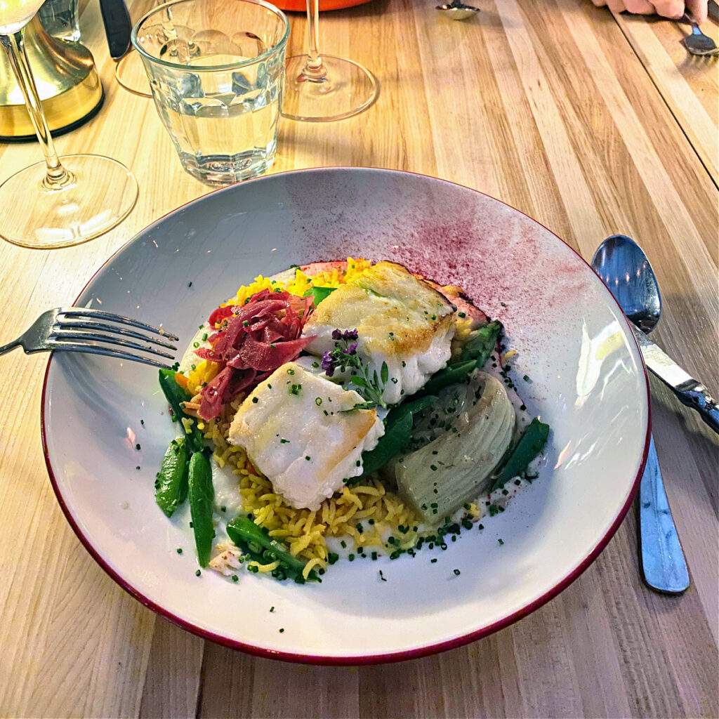 Plated halibut at cocoricos in Ashland