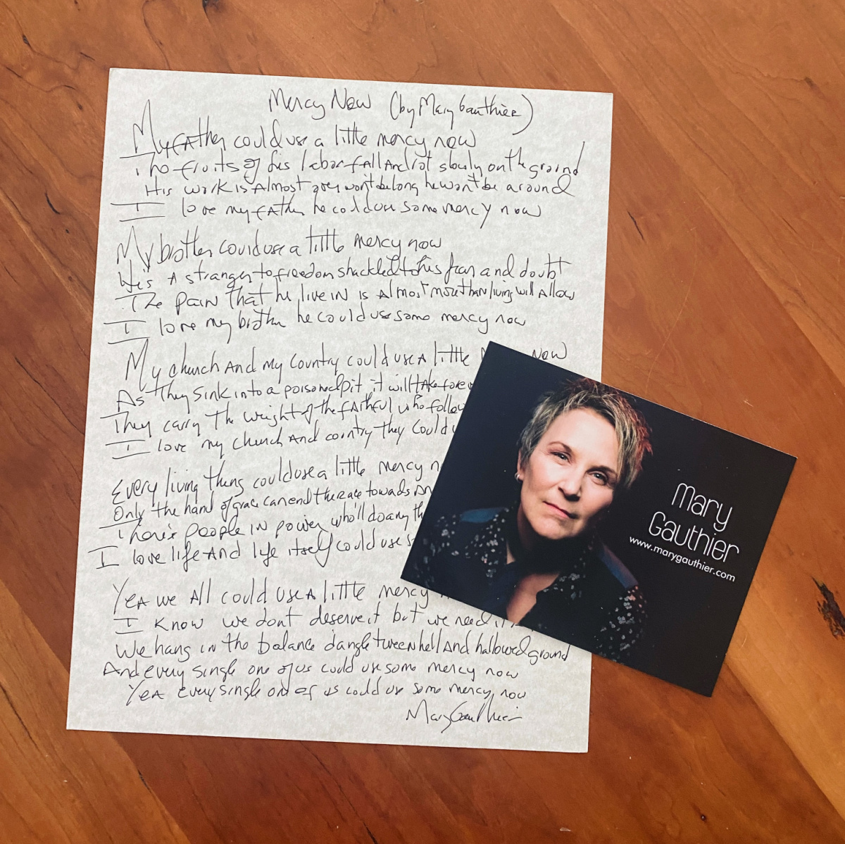 Mercy Now lyrics, handwritten by Mary Gauthier