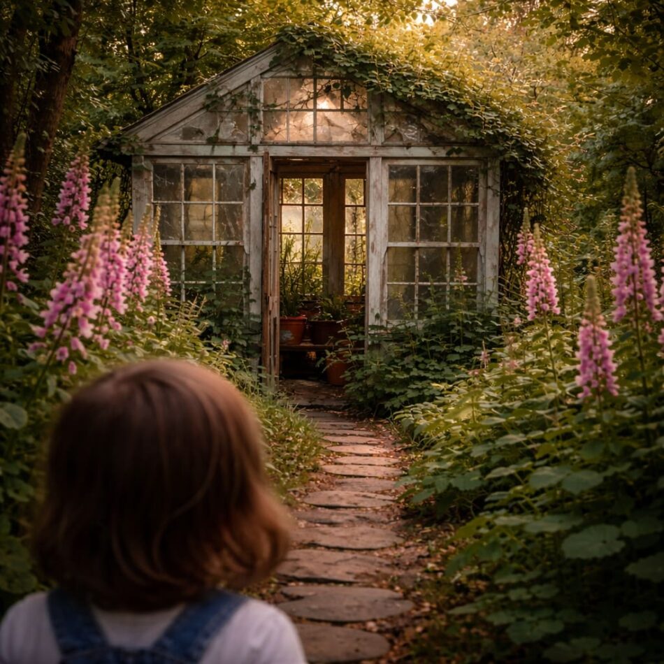 Child approaching an old greenhouse along a foxglove-lined flagstone path.