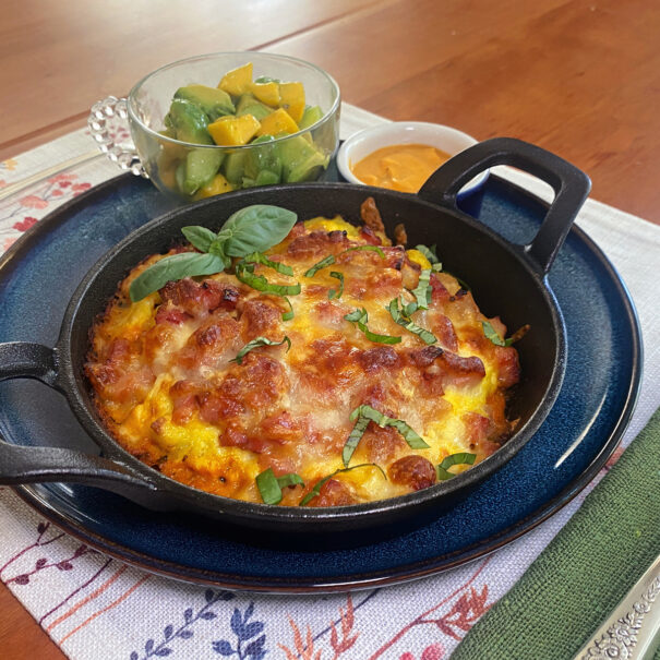 Breakfast Pizza in a mini-cast iron skillet.