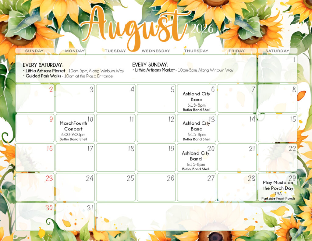 August 2026 Lithia Park Events Calendar