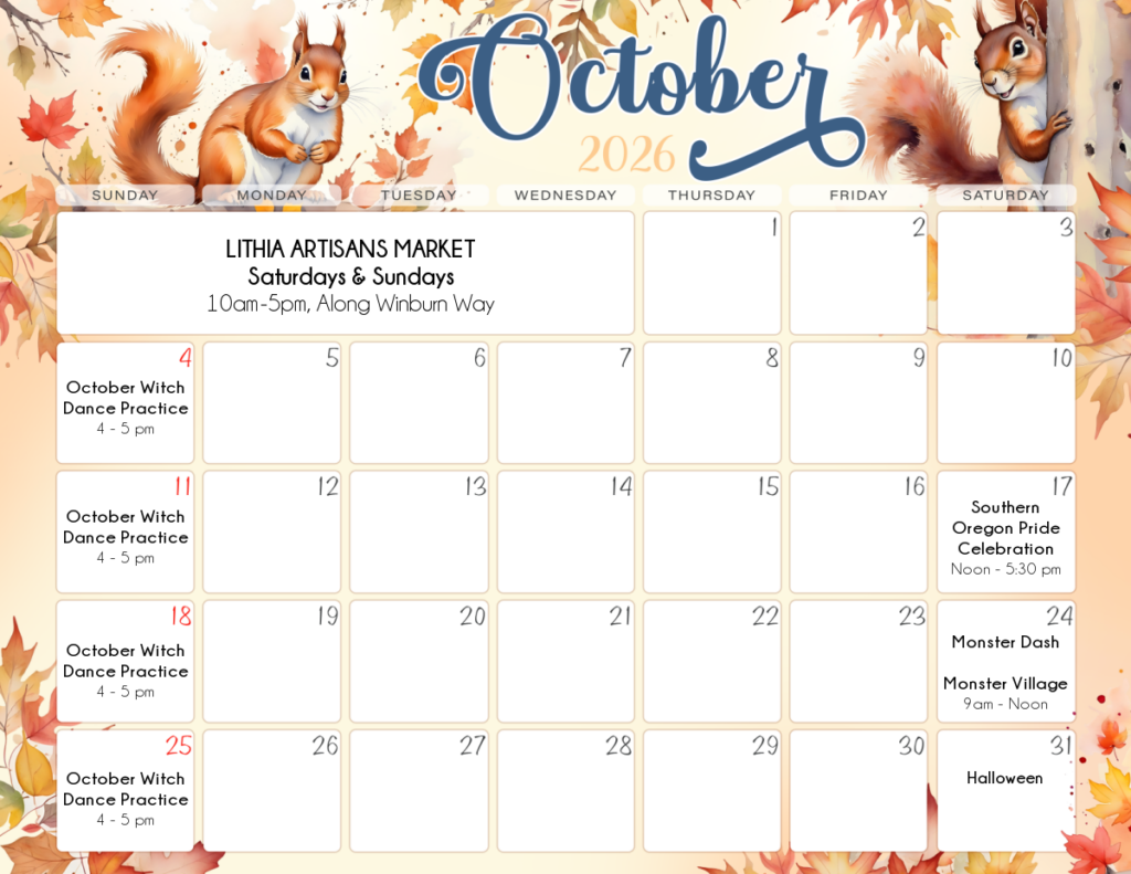 October 2026 Lithia Park Events Calendar